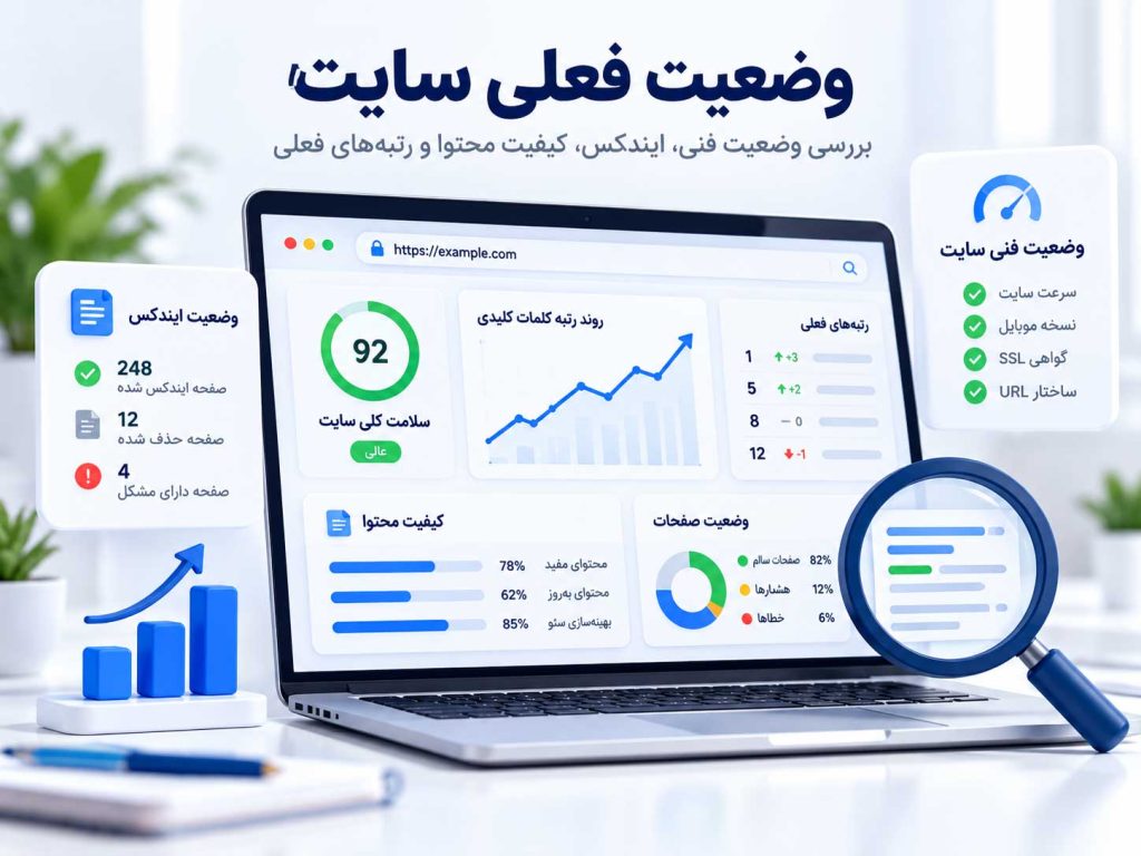 بررسی وضعیت فعلی سایت، ایندکس، کیفیت محتوا و رتبه‌های موجود برای تعیین هزینه سئو