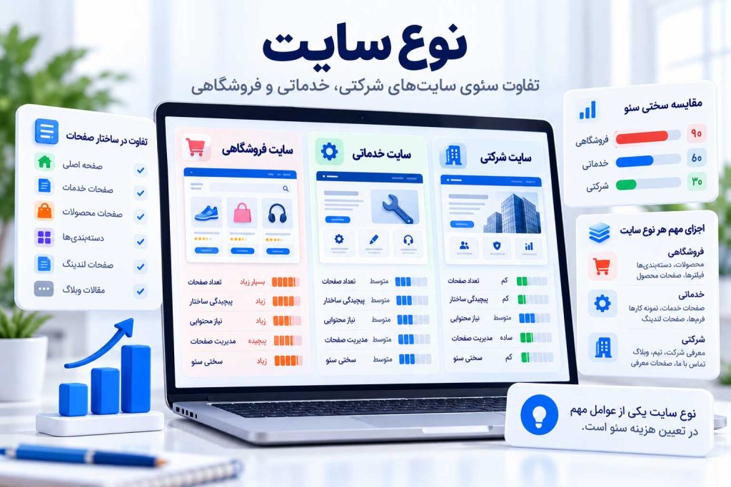 مقایسه تأثیر نوع سایت شرکتی، خدماتی و فروشگاهی بر میزان پیچیدگی و هزینه سئو